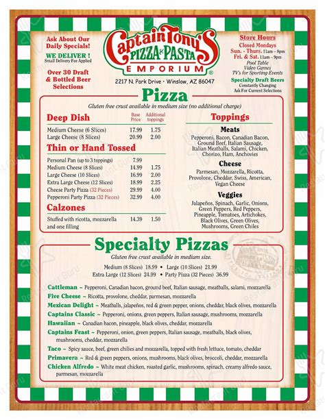 Captain tony's pizza - Pepperoni Party Pizza (32 Pieces) 32.99 4.00 Stuffed with ricotta, mozzarella 14.39 1.50 and one filling Toppings Meats Pepperoni, Bacon, Canadian Bacon, Ground Beef, Italian Sausage, Italian Meatballs, Salami, Chicken, ... 2021_Captain_Tonys_Menu.ai Author: …